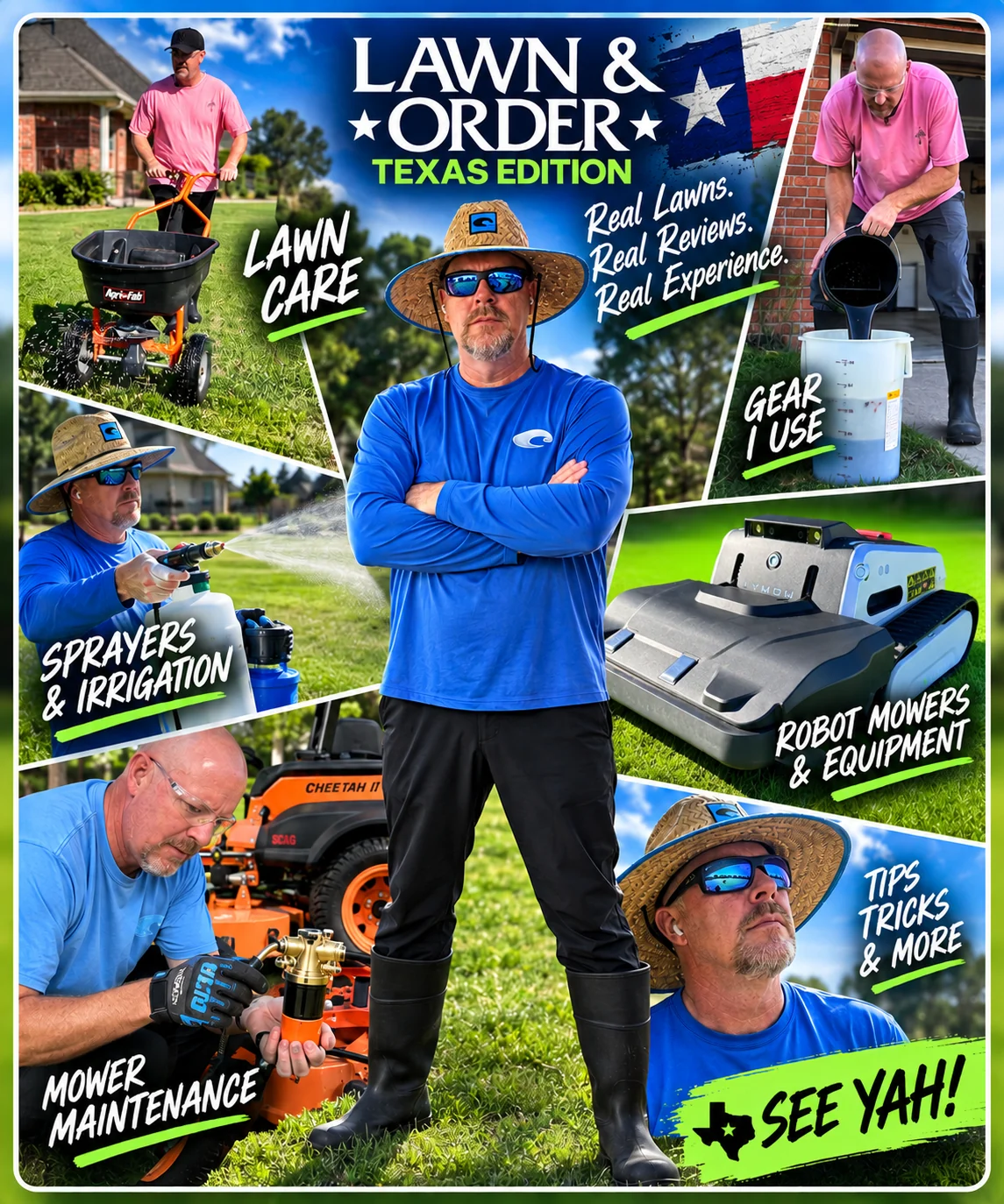 Lawn & Order Texas Edition profile collage featuring lawn care, sprayers, mower maintenance, equipment and tips